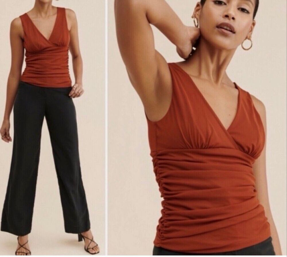 Anthropologie Women's Double V Ruched Mesh Sleeveless Top Rust Brown M NEW